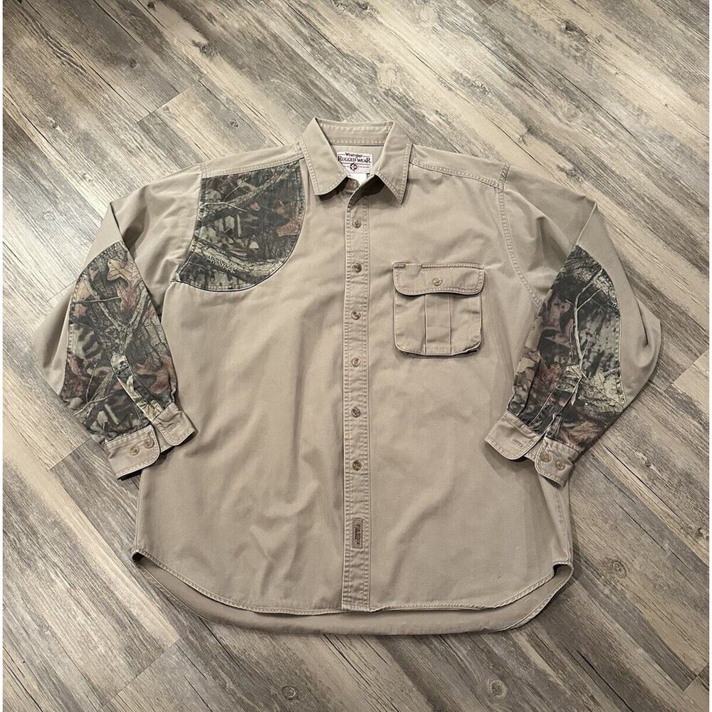 Wrangler Rugged Wear Shirt Button Up Shooting Hunting Khaki Camo Size XL Vtg